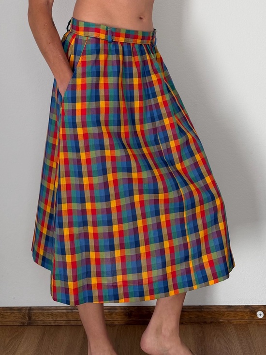 Vintage Dresses & Skirts - Vintage Multicolor Plaid Midi Skirt - Red, Blue, Yellow, Green